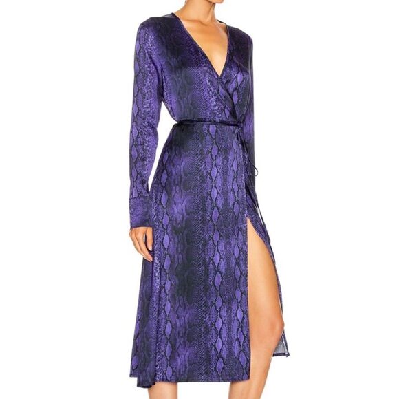 NWT The Andamane Beverly Gorgeous Satin Wrap Midi Dress in Snake Viola size XS - Picture 2 of 12